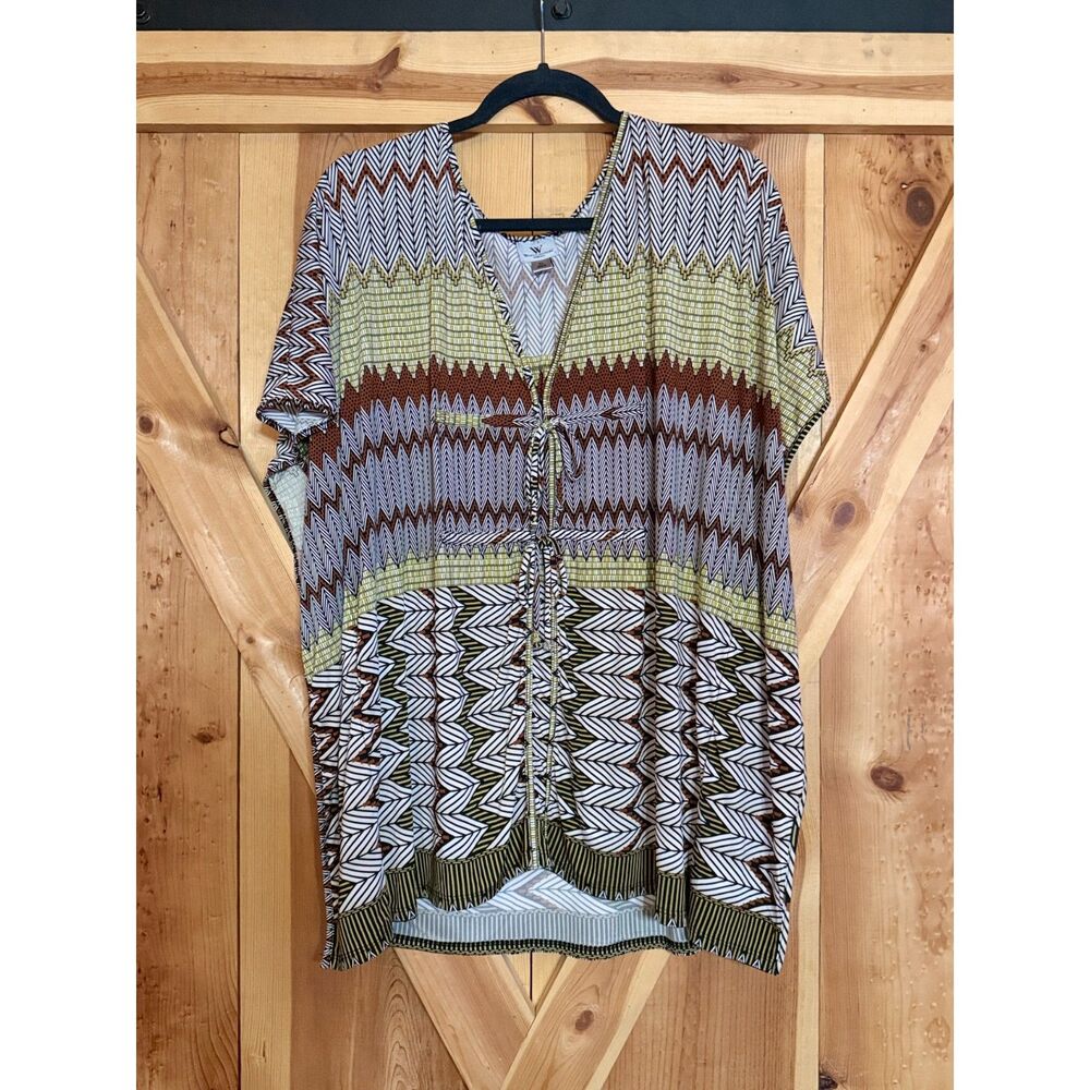 Worthington Aztec Geometric Print Short Sleeve Tunic Top Brown Yellow XL Boho